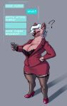  ? anthro big_breasts bra breasts business_suit cellphone claws cleavage clothed clothing ear_piercing english_text female footwear garter_straps grey_background hair hand_on_hip hi_res high_heels hoop_earring hyena legwear mammal mature_female maude_hyena miniskirt nibhaaz phone piercing raised_eyebrow shoes simple_background skirt solo stockings suit text thigh_highs underwear white_hair wide_hips 