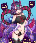  balloon bangs bare_shoulders black_hair blush breasts choker covered_nipples detached_sleeves dudou earrings eyeshadow fang fate/grand_order fate_(series) forehead_jewel halloween heart heart-shaped_pupils highres jewelry jibako lifted_by_self low_ponytail makeup medium_breasts navel oni_horns open_mouth pelvic_curtain pointy_ears purple_eyes purple_hair rope shimenawa short_hair shuten_douji_(fate/grand_order) shuten_douji_(halloween)_(fate) symbol-shaped_pupils thighhighs tongue tongue_out 