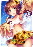  :d armpits ass_visible_through_thighs blue_sky blush brown_eyes brown_hair cheerleader cloud collar collarbone cowboy_shot day eyebrows_visible_through_hair flat_chest floating_hair floral_print flower hair_between_eyes hair_flower hair_ornament high_ponytail highres idolmaster idolmaster_cinderella_girls long_hair looking_at_viewer ment midriff miniskirt navel open_mouth pleated_skirt pom_poms print_skirt skirt sky smile solo standing stomach sunflower sweat takamori_aiko white_tank_top yellow_flower yellow_skirt 