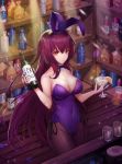  absurdres alcohol alternate_costume animal_ears bare_shoulders bottle breasts bunny_ears bunny_girl bunnysuit covered_navel cup detached_collar drinking_glass fake_animal_ears fate/grand_order fate_(series) hair_intakes highres holding holding_bottle holding_cup large_breasts leotard long_hair pantyhose purple_hair purple_leotard red_eyes scathach_(fate)_(all) scathach_(fate/grand_order) solo standing strapless strapless_leotard twit_eg0 