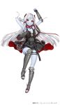  belt black_skirt blue_skin bracer formation_girls full_body goggles goggles_around_neck greaves grey_legwear harness horns kagachi_saku long_hair looking_at_viewer official_art red_eyes sharp_teeth skirt standing standing_on_one_leg teeth very_long_hair white_background white_hair 