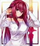  bare_shoulders breasts choker collarbone covered_nipples eyebrows_visible_through_hair fate/grand_order fate_(series) jewelry large_breasts long_hair long_sleeves looking_at_viewer marker_(medium) millipen_(medium) necklace purple_hair red_eyes scathach_(fate)_(all) scathach_(fate/grand_order) traditional_media yuto_takumi 
