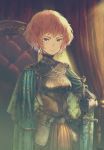  armor belt black_gloves breastplate cape chair commentary cowboy_shot curtains earrings engraved fantasy gauntlets gloves highres jewelry looking_at_viewer moryo orange_hair original short_hair solo sword throne turtleneck weapon 