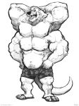  4_arms anthro aokmaidu big_feet clamconundrum clothing flip_flops huge_muscles mammal multi_arm multi_limb multi_nipple multi_pec musclegut muscular mustelid nipples otter swim_shorts 