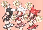  :d alternate_costume arm_up bangs black-headed_ibis_(kemono_friends) black_hair blunt_bangs blush braid brown_hair cheerleader cowboy_shot crop_top hair_bobbles hair_ornament hand_up head_wings japanese_crested_ibis_(kemono_friends) kemono_friends looking_at_viewer midriff multicolored_hair multiple_girls navel neckerchief open_mouth petit_ramune pleated_skirt pom_poms red_eyes red_hair sailor_collar scarlet_ibis_(kemono_friends) short_hair sidelocks skirt sleeveless smile striped striped_background tank_top twin_braids twintails vertical-striped_background vertical_stripes white_hair yellow_eyes 