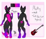  anthro biped black_fur black_tail butt canine collar digitigrade dipstick_tail eyebrows fingerless_(marking) fox fur girly gloves_(marking) guitar hybrid looking_at_viewer male mammal markings matty_(biggo) model_sheet mudzy_(artist) multicolored_fur multicolored_tail musical_instrument pink_fur pink_markings pink_nose pink_tail purple_eyes purple_fur purple_markings simple_background socks_(marking) solo toeless_(marking) two_tone_tail wolf 