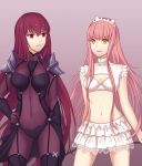  2girls ain_(3990473) arm arm_at_side arm_behind_back bangs bare_arms bare_legs blunt_bangs bodysuit breasts bustier cleavage cleavage_cutout contrapposto cowboy_shot crown eyebrows_visible_through_hair fate/grand_order fate_(series) female frilled_skirt frills hair_between_eyes hand_on_hip highres legs long_hair looking_at_another medb_(fate)_(all) medb_(fate/grand_order) medium_breasts midriff miniskirt multiple_girls navel neck open_mouth pauldrons pink_hair purple_bodysuit purple_hair red_eyes scathach_(fate)_(all) scathach_(fate/grand_order) shoulder_pads side-by-side sidelocks skirt sleeveless smile standing tears type-moon very_long_hair whip white_clothes white_skirt yellow_eyes 