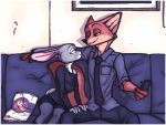  anthro canine clothing comic disney duo eye_contact female fox fur green_eyes judy_hopps lagomorph luraiokun male mammal necktie nick_wilde purple_eyes sitting sofa zootopia 