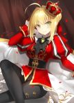  ahoge arm_up black_pants blonde_hair blush braid breasts brooch closed_mouth commentary_request couch crossed_legs crown fate/extella fate/extra fate_(series) green_eyes hair_bun hair_intakes head_tilt jacket jewelry juliet_sleeves kagachi_saku long_sleeves medium_breasts mini_crown nero_claudius_(fate) nero_claudius_(fate)_(all) on_couch pants pantyhose puffy_sleeves red_jacket sidelocks signature sitting smile solo tilted_headwear 
