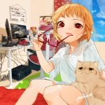  :p alternate_costume alternate_hairstyle artist_name bangs blue_sky blurry blurry_background blush cable casual cat chair cloud commentary_request computer contemporary curtains day eyewear_removed feet_out_of_frame flandre_scarlet glasses gotoh510 hand_up headphones highres holding holding_eyewear indoors looking_at_viewer monitor nail_polish no_hat no_headwear no_wings pink_nails plug red-framed_eyewear rug shirt short_hair short_sleeves signature sitting sky smile solo sweat swivel_chair table thighs tongue tongue_out touhou white_shirt 