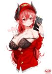  absurdres black_bra blush bra breasts breasts_outside cellphone closed_mouth demon_girl demon_horns hair_between_eyes hand_on_own_chest hat highres horns jacket large_breasts long_hair long_sleeves original peaked_cap phone pointy_ears red_eyes red_hair red_hat red_jacket self_shot shirt smartphone solo strap_slip underwear uniform upper_body v vkejr702 white_shirt 