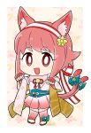 :3 animal_ears artist_name bell blue_bow bow cat_ears cat_tail commentary_request fake_animal_ears fake_tail fingerless_gloves fire_emblem fire_emblem_heroes fire_emblem_if flyer_27 gloves hairband halloween_costume highres japanese_clothes open_mouth pink_hair red_eyes sakura_(fire_emblem_if) short_hair solo tail 
