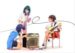  absurdres amplifier blue_hair brown_hair cardigan chair commentary_request denkou_choujin_gridman electric_guitar green_hair guitar hassu highres instrument long_hair looking_at_another multiple_girls music namiko official_art parody playing_instrument pleated_skirt pointing shoes short_hair simple_background sitting skirt smile ssss.gridman standing surgical_mask takarada_rikka takeda_naoki uwabaki white_background 