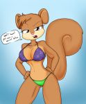  2016 annoyed anthro bikini breasts camel_toe clothed clothing dialogue english_text female fur half-closed_eyes hands_on_hips looking_at_viewer mammal midriff navel nickelodeon nipple_bulge open_mouth rodent sandy_cheeks simple_background skimpy solo spongebob_squarepants squirrel standing string_bikini swimsuit text theoretical-chaos unamused under_boob underwear 