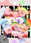  blush_stickers bomb closed_eyes earphones fire glint green_hat halo hat headdress highres ice jester_cap kirby kirby's_dream_land kirby_(series) nightcap pointing_sword ponto1588 spikes star star_print sword wand weapon wings 
