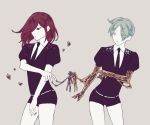  androgynous crystal_hair eyebrows_visible_through_hair eyes_visible_through_hair gem_uniform_(houseki_no_kuni) golden_arms green_eyes green_hair hair_over_one_eye houseki_no_kuni kemuri_(beonnoi) long_bangs looking_at_another mercury multiple_others necktie phosphophyllite red_eyes red_hair shinsha_(houseki_no_kuni) short_hair spoilers tan_background white_skin 