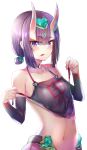  absurdres bangs blush breasts choker collarbone detached_sleeves dudou eyeshadow fang fate/grand_order fate_(series) forehead_jewel gem hair_between_eyes hair_bun heart highres looking_at_viewer makeup medium_breasts navel oni_horns open_mouth purple_eyes purple_hair short_hair short_ponytail shuten_douji_(fate/grand_order) shuten_douji_(halloween)_(fate) sunhyun untied white_background 