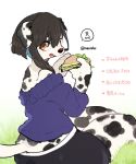  1girl black_hair dog eating food furry looking_at_behind meoishii sandwich short_hair sitting solo 