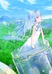  :d bare_arms bare_shoulders blue_bow blue_eyes blue_hair blue_sky blurry blurry_background blush bow cloud day depth_of_field dress from_side gem goo_girl highres immersed jewelry liquid_hair long_hair looking_away merc_(merc_storia) merc_storia monster_girl mountain open_mouth outdoors ring round_teeth shiraki_shiori sky sleeveless sleeveless_dress smile solo teeth transparent upper_teeth very_long_hair water white_dress 