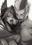  1girl after_kiss animal_ears bare_shoulders blush breasts cleavage cloak collarbone couple facial_mark greyscale half-closed_eyes hetero highres hood hooded_cloak league_of_legends medium_breasts monochrome multicolored_hair one_eye_closed open_mouth r8-18 rakan_(league_of_legends) saliva saliva_trail streaked_hair tongue tongue_out topless upper_body xayah 
