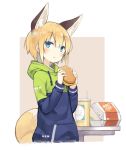  :t animal_ear_fluff animal_ears bangs blonde_hair blue_eyes blush commentary_request cup disposable_cup drinking_straw eating extra_ears eyebrows_visible_through_hair fast_food food fox_ears fox_tail hair_between_eyes hamburger holding holding_food hood hood_down hoodie long_sleeves looking_at_viewer original pocket poco_(asahi_age) shiratama_kitsune short_hair solo tail two-tone_background upper_body 