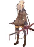  ahoge bangs belt blonde_hair boots breasts brown_footwear brown_jacket commentary_request cross-laced_footwear emblem flower forehead full_body grey_skin hair_bun hair_flower hair_ornament hairclip head_tilt holding holding_sword holding_weapon jacket katana kona_(konahana) long_sleeves looking_at_viewer original pantyhose parted_bangs pointy_ears scarf sheath sheathed short_hair shorts sidelocks simple_background small_breasts solo standing striped striped_legwear sword thick_eyebrows vertical-striped_legwear vertical_stripes weapon white_background yellow_eyes 