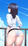  ass black_hair blue_eyes cloud commentary condensation_trail day from_behind hands_in_pockets highres jacket long_hair looking_at_viewer looking_back panties signature sky solo ssss.gridman takarada_rikka thighs toniwing underwear white_jacket white_panties 