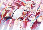 barefoot bell blue_sky cherry_blossoms day ekita_xuan fan highres jingle_bell lantern long_hair looking_at_viewer original outdoors paper_fan paper_lantern ribbon single_thighhigh sky solo thighhighs torii white_hair white_legwear wide_sleeves yellow_eyes 