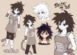  2015 arm_at_side bare_arms bare_shoulders black_eyes black_hair boots clenched_hand clone close-up dated dragon_ball eyebrows_visible_through_hair face full_body gine grey_background happy karamikan_(luckysky) looking_at_viewer monochrome multiple_views serious short_hair simple_background smile spread_legs standing tail teeth twitter_username upper_body wristband 