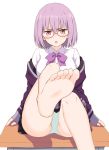  :o bare_legs barefoot blush bow bowtie collared_shirt desk dress_shirt feet foreshortening glasses highres jacket lavender_hair leg_lift leg_up looking_at_viewer no_legwear off_shoulder on_desk open_mouth panties pink-framed_eyewear pink_eyes pleated_skirt pov_feet purple_jacket purple_neckwear school_desk school_uniform semi-rimless_eyewear shinjou_akane shirt short_hair simple_background sitting sitting_on_desk skirt sleeves_past_wrists soles solo ssss.gridman toes under-rim_eyewear underwear v-shaped_eyebrows white_background white_panties white_shirt xingnai 