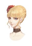  aluce bangs beatrice blonde_hair blue_eyes blunt_bangs braid choker commentary eyelashes flower frilled_choker frills grin hair_flower hair_ornament highres looking_at_viewer parted_lips portrait red_flower red_rose rose short_hair simple_background smile solo symbol_commentary umineko_no_naku_koro_ni white_background white_frills 