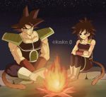  1girl armor bardock bare_arms bare_shoulders biceps big_hair black_eyes black_hair boots bracer breasts campfire commentary_request crossed_arms crossed_legs dark dirty dirty_face dragon_ball eyebrows_visible_through_hair facial_scar frown full_body gine hands_on_lap indian_style karamikan_(luckysky) knees_up log looking_away monkey_boy monkey_girl monkey_tail muscle night night_sky outdoors pectorals rock scar short_hair sitting sky smile spiked_hair star_(sky) starry_sky tail twitter_username 