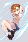  aran_legwear arms_up bangs blue_skirt blush breasts brown_eyes brown_footwear brown_hair brown_vest closed_mouth collared_shirt commentary_request electricity eyebrows_visible_through_hair full_body grey_background hair_between_eyes loafers long_hair looking_at_viewer loose_socks misaka_mikoto name_(oiuio) pleated_skirt school_uniform shirt shoes short_shorts short_sleeves shorts shorts_under_skirt signature simple_background skirt small_breasts socks solo to_aru_kagaku_no_railgun to_aru_majutsu_no_index tokiwadai_school_uniform v-shaped_eyebrows vest white_legwear white_shirt white_shorts 