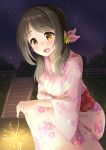  :d bangs blush breasts brown_eyes brown_hair collarbone commentary_request dark eyebrows_visible_through_hair fireworks floral_print highres holding idolmaster idolmaster_cinderella_girls imai_kana japanese_clothes kibihimi kimono long_hair long_sleeves night night_sky obi open_mouth outdoors pink_kimono print_kimono print_obi purple_sky raised_eyebrows red_sash sash senkou_hanabi sky smile solo sparkler squatting yukata 