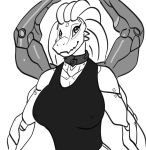 2018 4_arms android anthro arms_above_head big_breasts borisalien breasts cleavage clothed clothing collar digital_media_(artwork) dreadlocks eyeliner female hair half-length_portrait horn long_hair looking_at_viewer machine makeup melion_(beyxer) multi_arm multi_limb nipple_bulge portrait reptile robot scalie shirt simple_background sketch smile solo tank_top trenco white_background 