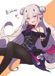  alternate_costume bangs black_gloves black_legwear blue_eyes blush breasts commentary double_bun dress earrings elbow_gloves eyebrows_visible_through_hair fang fishnets girls_frontline gloves grey_hair halloween_costume hand_up heart heterochromia highres horns jewelry long_hair looking_at_viewer mdr_(girls_frontline) meow_nyang multicolored_hair pantyhose phone pink_eyes pink_hair pouch sidelocks smile solo strap_slip streaked_hair very_long_hair 