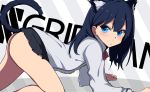  all_fours animal_ear_fluff animal_ears ass bangs black_hair black_skirt blue_eyes blush cardigan cat_ears cat_girl cat_tail closed_mouth commentary_request copyright_name eyebrows_behind_hair grey_cardigan hair_between_eyes kemonomimi_mode long_hair long_sleeves looking_at_viewer looking_to_the_side microskirt pleated_skirt ratsuku_kinoko skirt solo ssss.gridman tail tail_raised takarada_rikka v-shaped_eyebrows 