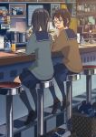  bar_stool basket black_hair blue_skirt brown_eyes brown_footwear brown_hair cardigan coffee coffee_maker_(object) coffee_pot cup diner drinking_glass drinking_straw food from_behind glasses highres holding holding_food indoors kusakabe_(kusakabeworks) loafers long_hair looking_at_another multiple_girls napkin napkin_holder open_mouth original pepper_shaker photo_(object) plate sailor_collar salt_shaker shoes short_hair skirt stool translation_request whiteboard 
