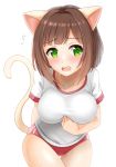  animal_ears blush breasts brown_hair buruma cat_ears cat_girl cat_tail collarbone commentary_request double_vertical_stripe fang green_eyes gym_shirt highres idolmaster idolmaster_cinderella_girls kibihimi large_breasts maekawa_miku open_mouth red_buruma shirt short_hair short_sleeves simple_background solo tail tail_raised thigh_gap white_background 