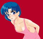  1girl 90s bare_shoulders bishoujo_senshi_sailor_moon blue_eyes blue_hair blush breasts cleavage downblouse erect_nipples eyebrows_visible_through_hair glasses leaning_forward looking_at_viewer medium_breasts mizuno_ami no_bra red_(h-sora) red_background sailor_mercury simple_background smile solo standing 