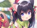  :d animal_ears bangs bell black_hair blurry blurry_background bow cat_ears cat_girl cat_tail christmas_ornaments christmas_tree commentary_request depth_of_field detached_sleeves eyebrows_visible_through_hair fang fur-trimmed_hat fur-trimmed_sleeves fur_trim green_scarf hair_between_eyes hair_bobbles hair_bow hair_ornament hand_up hat jingle_bell long_hair long_sleeves looking_at_viewer open_mouth original purple_eyes red_bow red_hat red_sleeves santa_hat scarf smile solo tail tail_bell tail_bow tail_raised upper_body usashiro_mani 