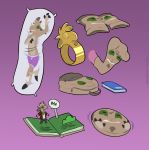  animate_inanimate anthro backpack blush body_pillow book boxers_(clothing) caprine clothing dakimakura_design dakimakura_pillow feet flattening goat green_sclera inanimate_transformation legwear male mammal nerd_(character) pillow pop-up_book purple_background rednoodle.inc ring simple_background socks speech_bubble text transformation underwear what why 