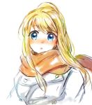  :o bangs black_coat blonde_hair blue_eyes blush clothes_lift coat expressionless eyebrows_visible_through_hair eyelashes floating_hair fullmetal_alchemist long_hair looking_away open_mouth orange_neckwear orange_scarf scarf simple_background solo tsukuda0310 upper_body white_background winry_rockbell 