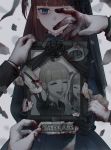  aluce black_dress black_gloves blood blue_eyes bow closed_eyes collar dress eyebrows_visible_through_hair frilled_collar frills gloves long_hair looking_down newspaper photo_(object) picture_frame red_hair smile spoilers tape umineko_no_naku_koro_ni ushiromiya_ange ushiromiya_eva v veil 