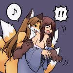  ! 4_fingers animal_humanoid anthro black_ears breasts brown_eyes brown_hair canine clothing crying duo fangs featureless_breasts female fox fox_humanoid fur gloves_(marking) gown hair half-closed_eyes hikagenootimsya human human_on_anthro humanoid inner_ear_fur interspecies mammal markings multi_tail musical_note orange_fur pointy_ears simple_background snout tears transformation undressing white_fur 