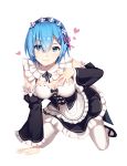  absurdres bangs black_ribbon blue_eyes blue_hair blush breasts cleavage detached_sleeves eyebrows_visible_through_hair eyes_visible_through_hair frilled_sleeves frills full_body hair_between_eyes hair_ornament hair_over_one_eye hairclip highres kneeling long_sleeves looking_at_viewer maid maid_headdress medium_breasts re:zero_kara_hajimeru_isekai_seikatsu rem_(re:zero) ribbon ribbon-trimmed_clothes ribbon_trim shenyin_jiade_aquan short_hair simple_background skirt smile smirk solo thighhighs white_background white_legwear x_hair_ornament 