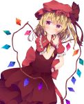  ascot blonde_hair blush dress fant flandre_scarlet frills hand_on_hip hand_up hat highres looking_at_viewer mob_cap red_dress red_eyes red_hat short_sleeves side_ponytail smile solo standing touhou white_background wings wristband yellow_neckwear 