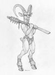  2018 4_fingers anthro caprine curved_horn ecmajor goat holding_object holding_weapon hooves male mammal sketch solo standing weapon 