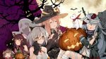  cat_ears closed_mouth g11_(girls_frontline) girls_frontline halloween halloween_costume hat highres jack-o'-lantern laughing m1903_springfield_(girls_frontline) mink mk_23_(girls_frontline) official_art pumpkin sleeping vector_(girls_frontline) wa2000_(girls_frontline) witch witch_hat 