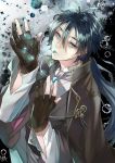  akutagawa_ryuunosuke_(bungou_to_alchemist) black_gloves black_hair blue_eyes blue_hair bungou_to_alchemist cape earrings fingerless_gloves gloves gradient_hair hair_between_eyes highres jewelry looking_at_viewer male_focus mouth_hold mstlp multicolored_hair pill solo upper_body 